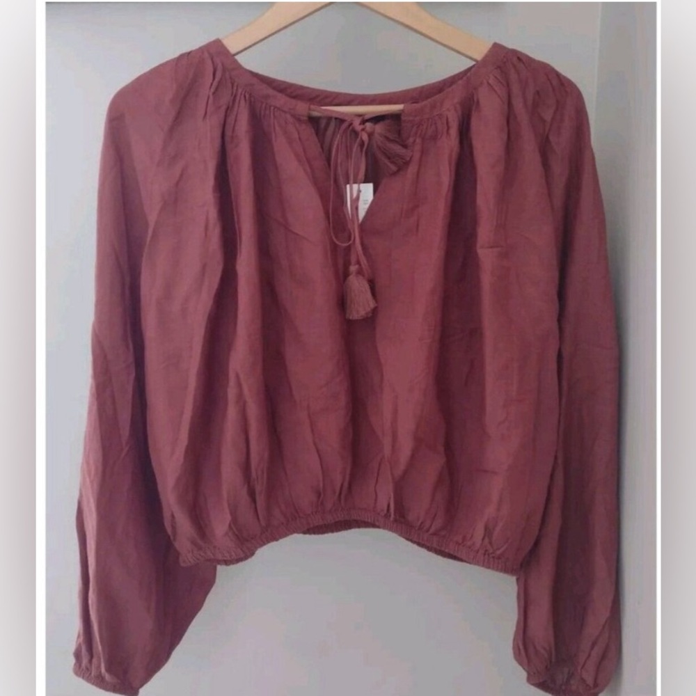 J. Crew Tassel Tie Front Crop Blouse